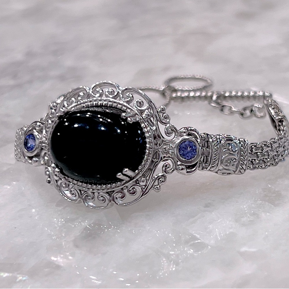 Black Jade and Tanzanite Toggle Clasp Sterling Silver Bracelet - Picture 5 of 15